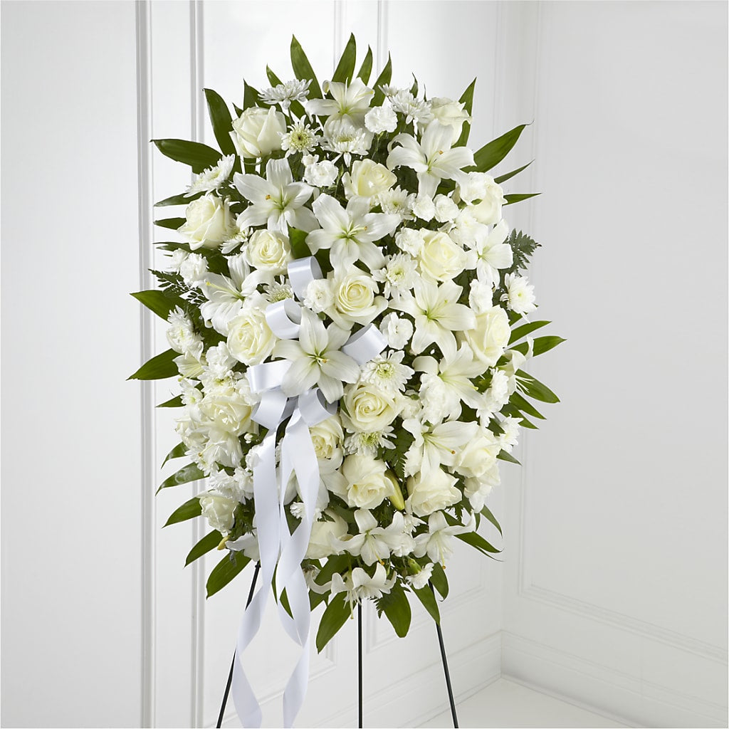 Exquisite Tribute Standing Spray-White Ribbon – Floreria Mexico #3, Torrance CA