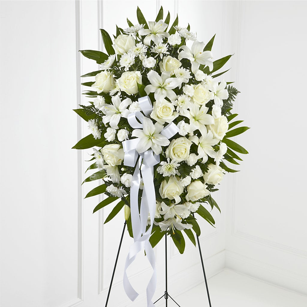 Exquisite Tribute Standing Spray-White Ribbon – Floreria Mexico #3, Torrance CA