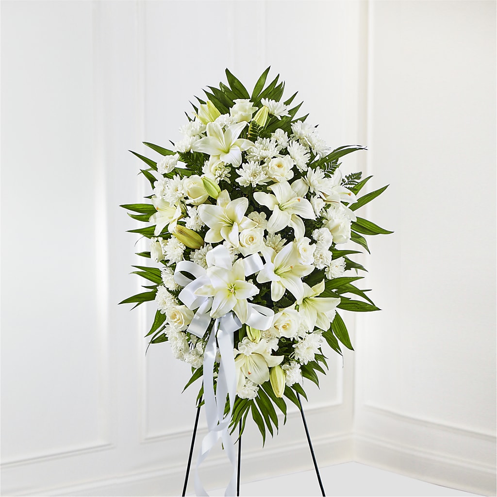 Exquisite Tribute Standing Spray-White Ribbon – Floreria Mexico #3, Torrance CA